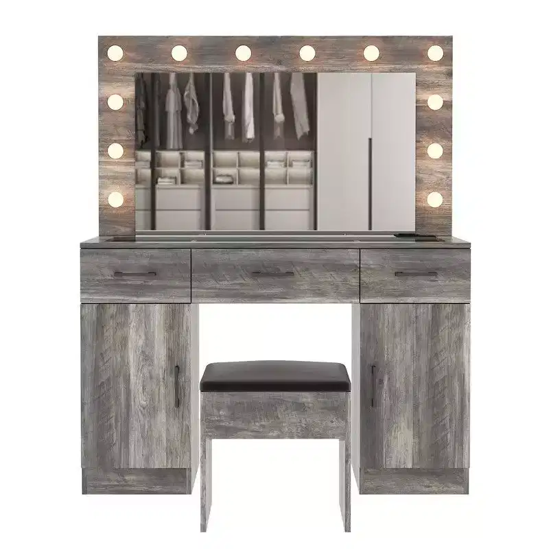 Lighted Vanity Table Set with Mirror, Drawers, and Charging Station
