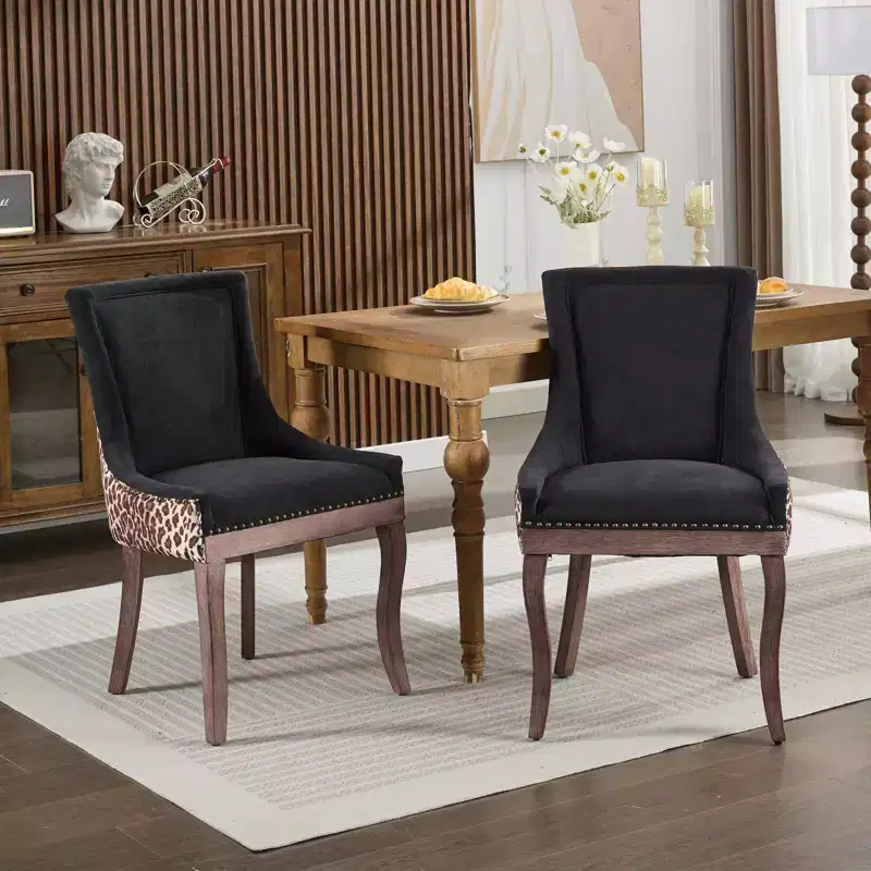 Okak Retro Dining Chairs Set of 2, Comfy Fabric Chairs with Thick Cushions, Kitchen Side Chairs with Solid Wood Legs Bronze Nail Head