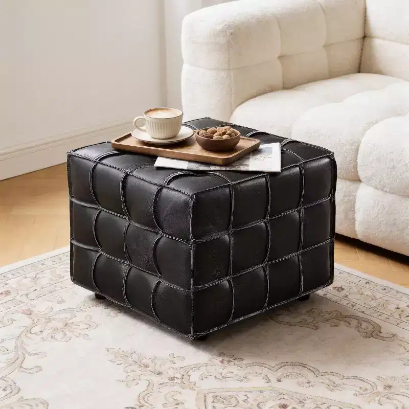 Cubic Leather Ottoman with Grid Patchwork Design