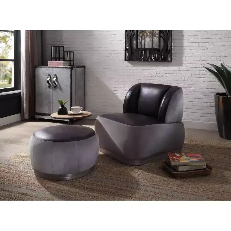 29" Decapree Accent Chair Antique Slate Top Grain Leather/Gray Velvet - Acme Furniture: Metal Frame, No Assembly, Patchwork Aluminum