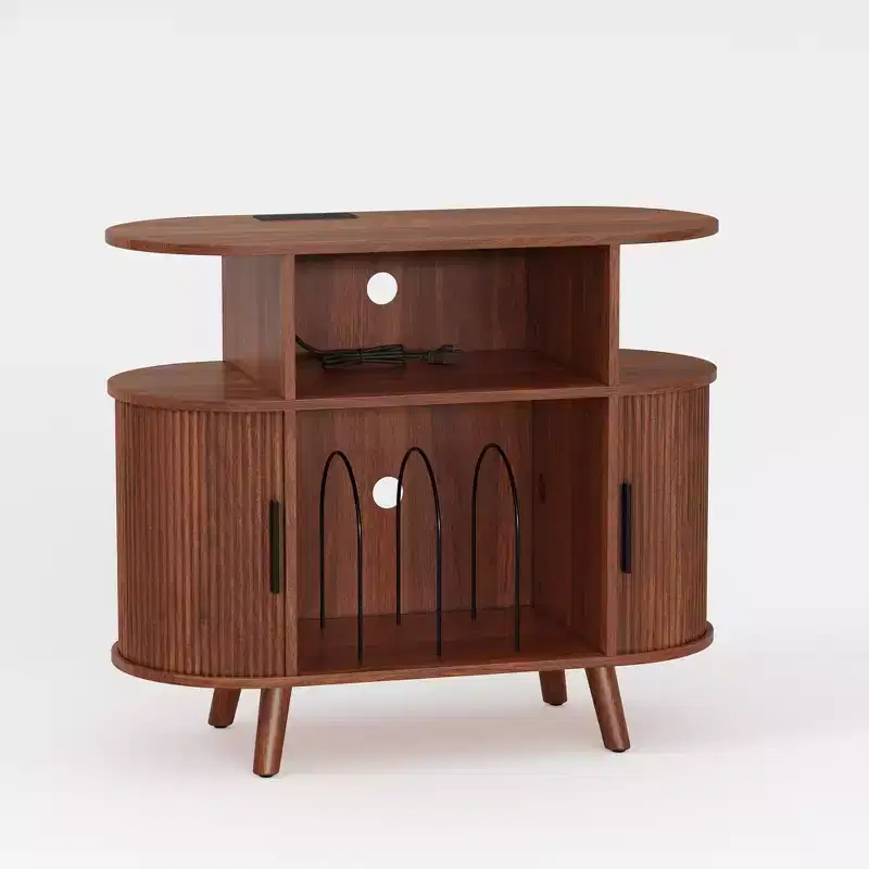 Mid-Century Modern Record Player Stand, Wooden Turntable Shelf, Open Vinyl Storage Cabinet, for Living Room, Bedroom