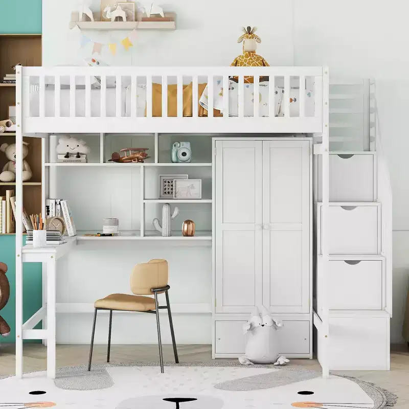 Wood Full Size Loft Bed with Bookshelf, Desk, Drawers & Wardrobe 94.4''L x 57''W