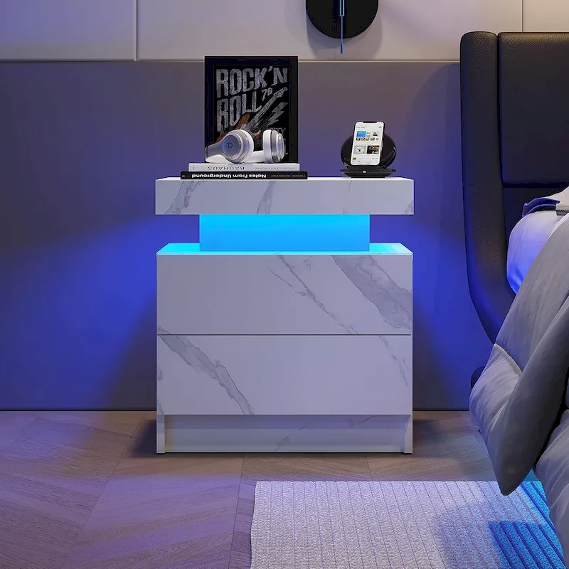 2-Drawer Wooden Nightstand with LED Base Light – White Red / Gray Gold / Black Gold / Blue Gold / White Stone, 1-Unit