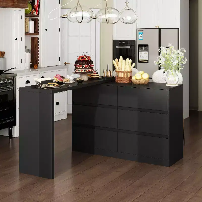 Smart Rotatable/Extendable Buffet Sideboard with 6 Drawers, Extended Countertop, Non-slip Mat, Rotating Dining Table, Kitchen Island Pantry