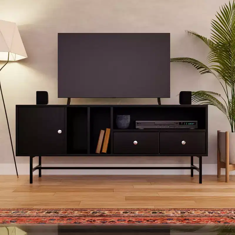LeisureMod Rochester TV Stand with Wood Frame, Enclosed Storage, and Black Iron Legs  Media Console, Living Room, Modern Entertainment Center