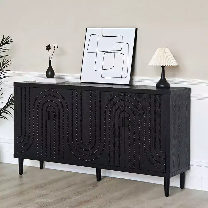 GDFStudio Modern 59'' Nailhead Accents Sideboard Cabinet with 4 Doors and 2 Adjustable Shelves