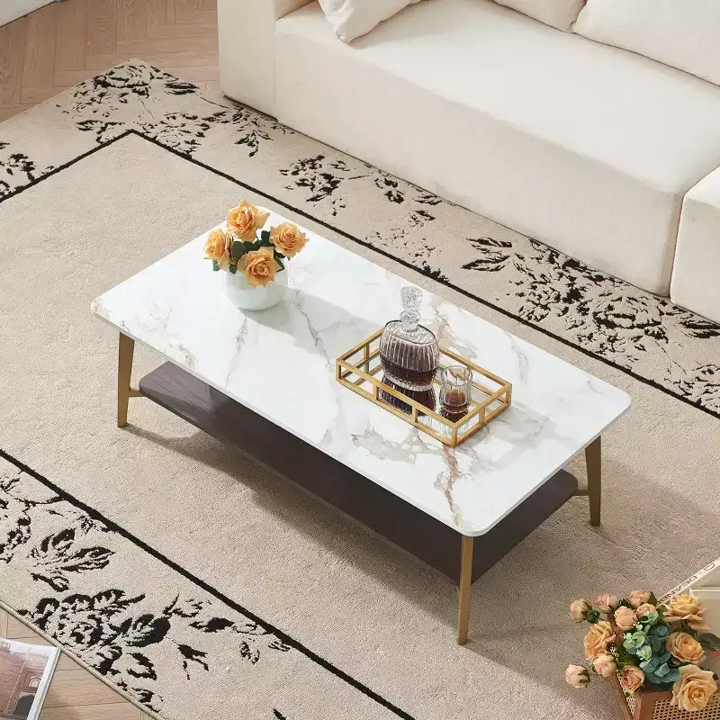 GDFStudio Nat 47.24 Rectangular Double Layer Iron Coffee Table with Ceramic Top and Wood Shelf