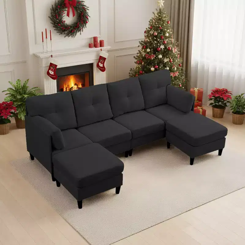Mjkone Modular Convertible Sectional Sofa Couch, Upholstered Comfy Fabric 4-Seater Sofa with Movable Ottomans