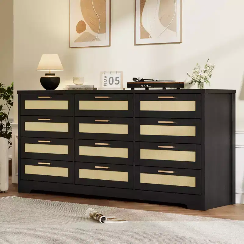 12 Drawer Dresser for Bedroom, Modern Rattan Chest of Drawers, Wood Storage Organizer with Drawers and Handles, for Nursery, Entryway, Living Room