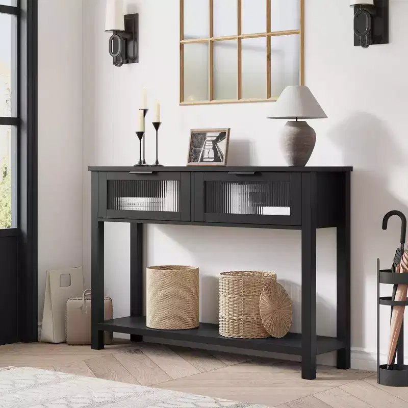 2-Tier Console Table with 2 Glass Drawers – Black / Brown / Wood