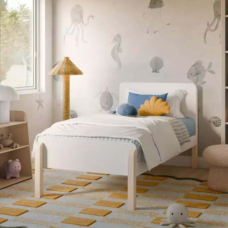 Twin Bed - White and Washed Natural, Modern Kids Platform Bed with Rounded Edges