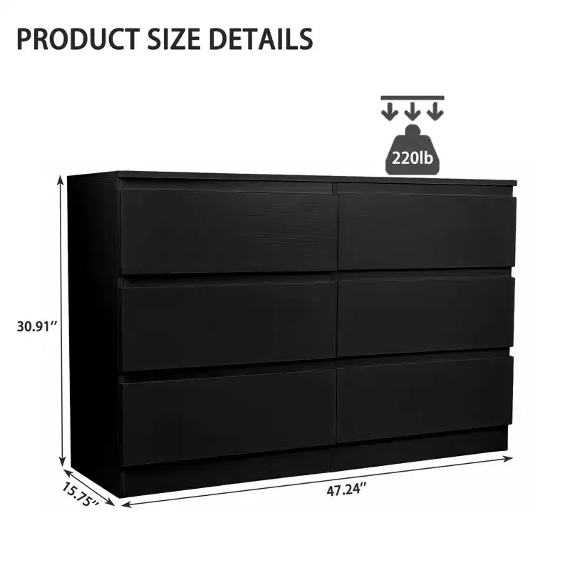 JVNOXK6 Drawer Black Dresser, Modern Bedroom Dresser with Spacious Countertop, Wood Storage Cabinet with Concealed Handles