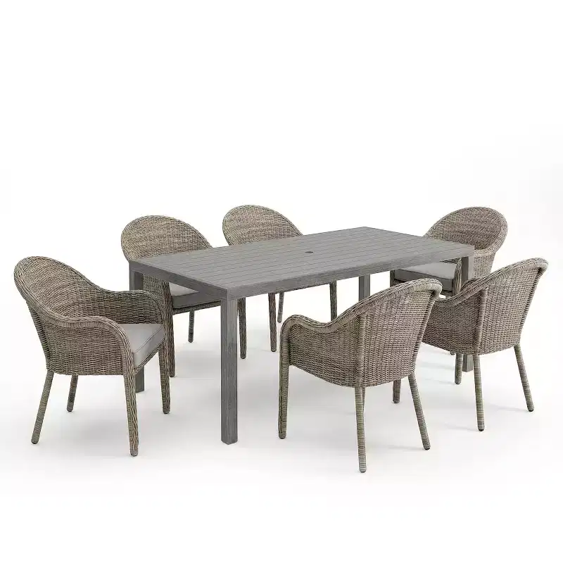Martha Stewart All-Weather 62 Aluminum Patio Table with 6 Rattan Wicker Stack Chairs - Gray