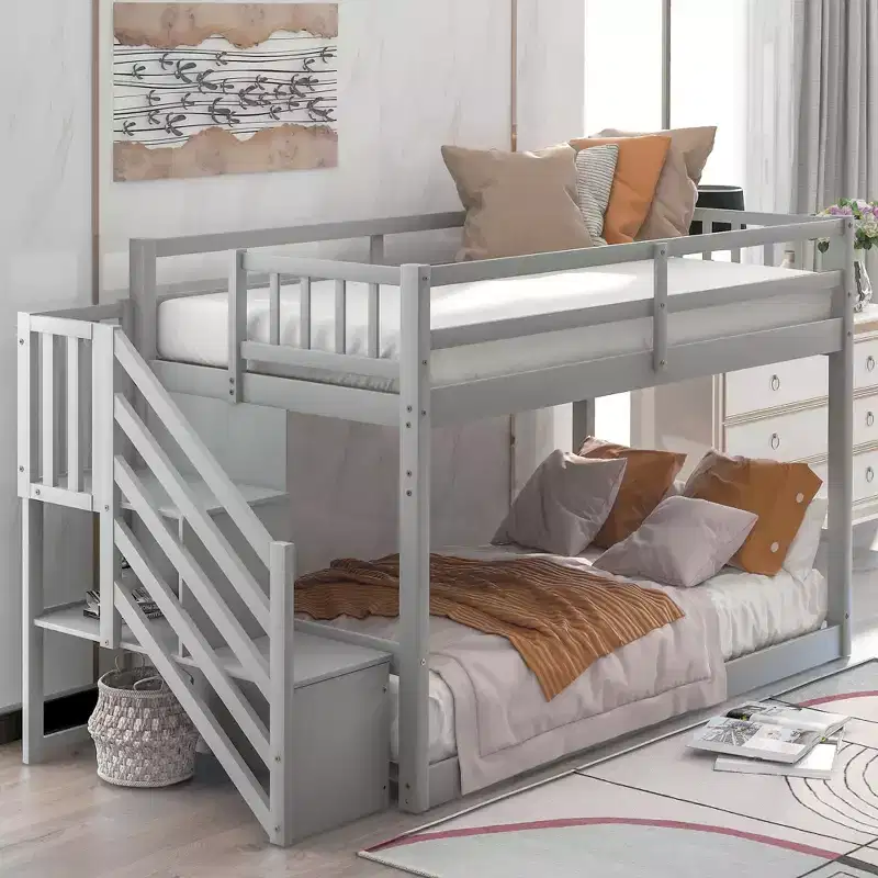 Twin over Twin Bunk Bed with Staircase and Storages for Teens, Stairway Solid Wood Low Bunk Beds with Wood Support Slats