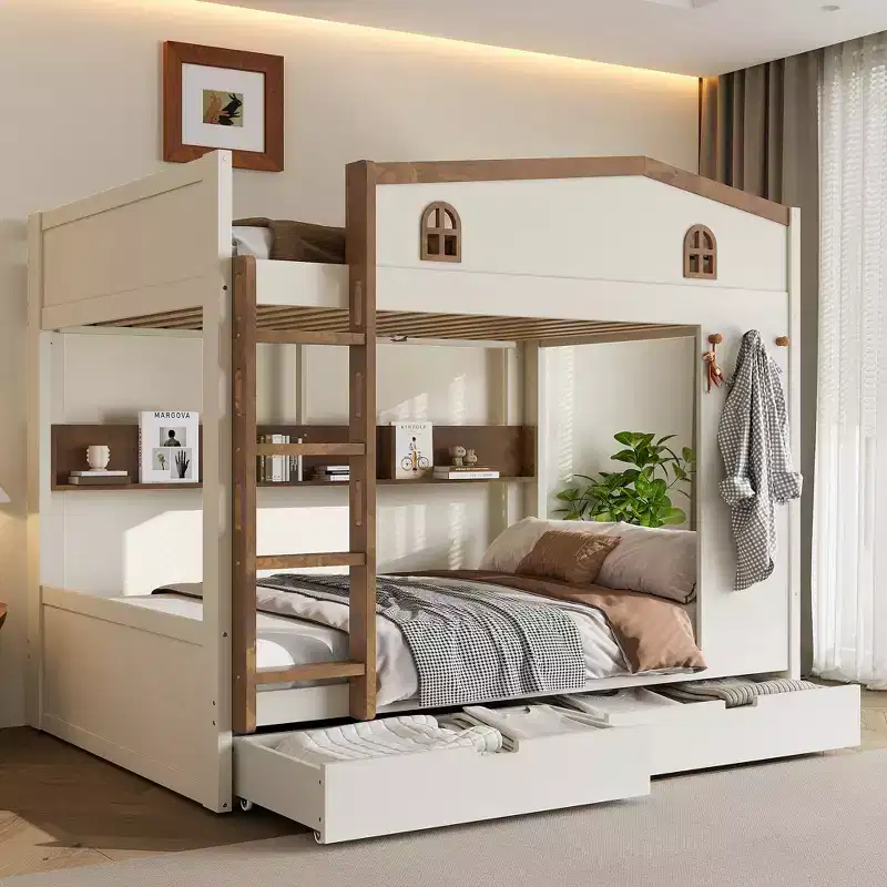 Queen over Queen Bunk Bed with Storage Drawers, Shelves and Hooks, Solid Wood