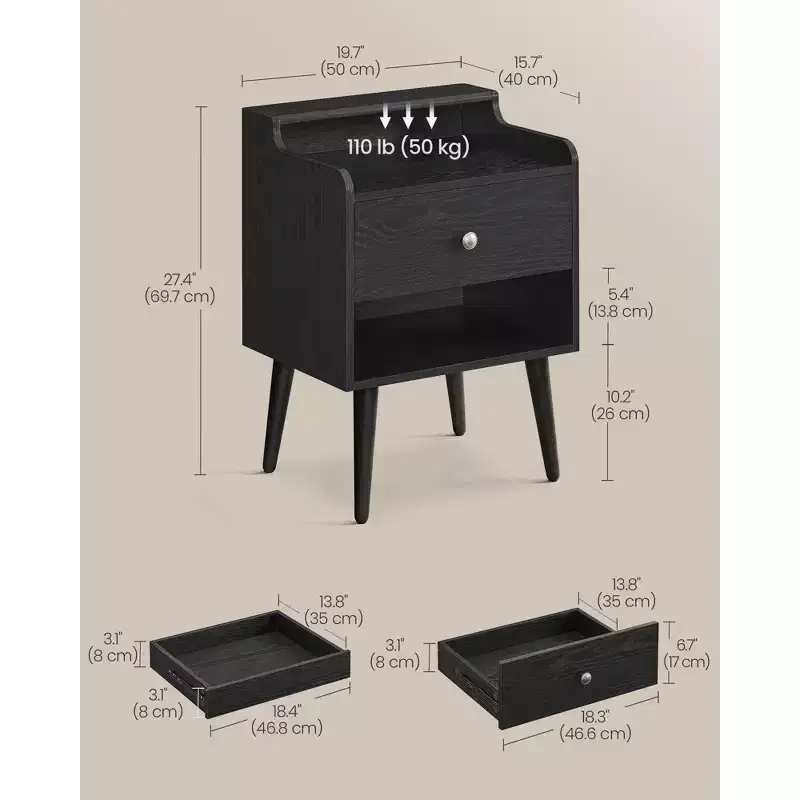 Nightstands, Set of 2, Bedside Tables with Hidden Drawers, Mid-Century End Tables with Solid Wood Legs