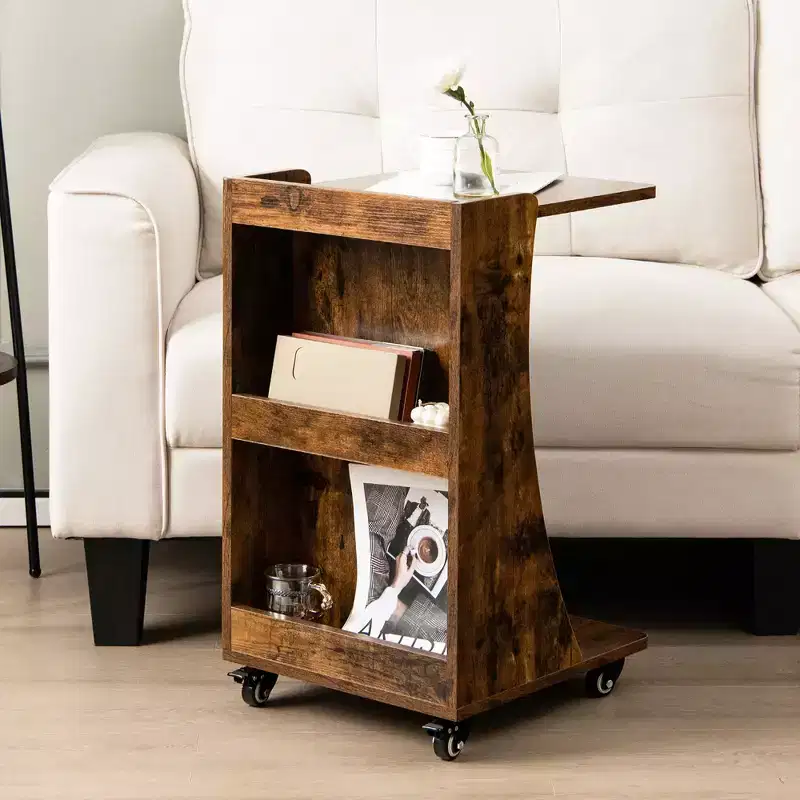 Costway Side Table with Rolling Casters Mobile C-shaped End Table with 2-Tier Open Storage Shelf &2 Back Storage Compartments Brown/Grey