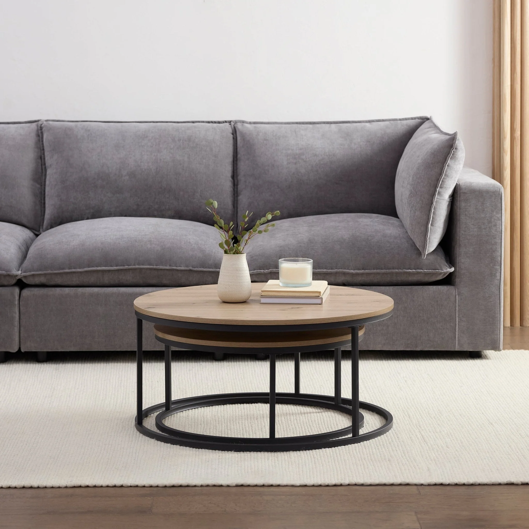 Modern Natural Wood Effect Coffee Table with Black Metal Legs for Living Room