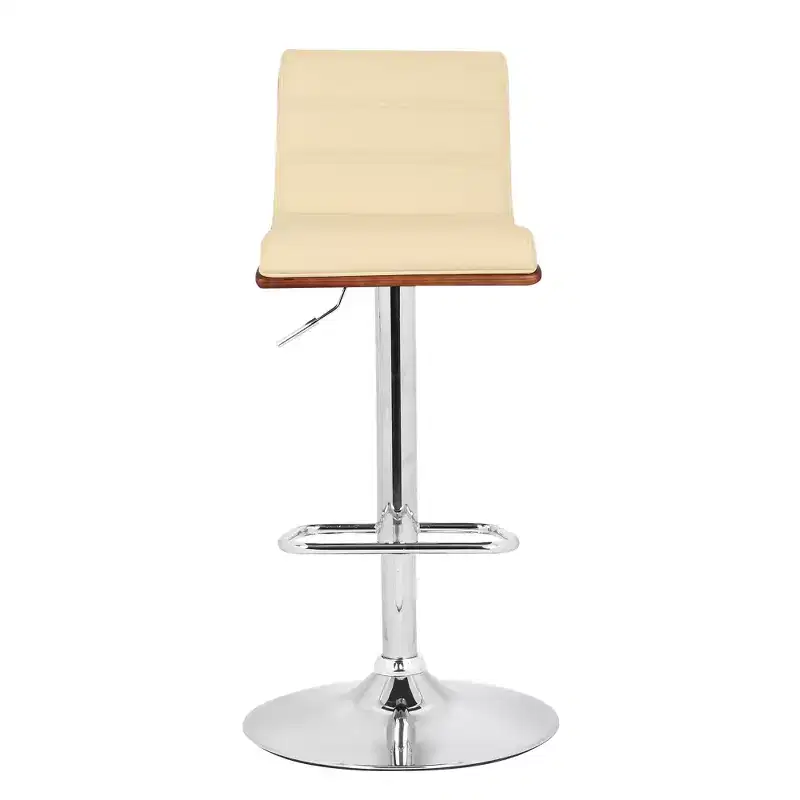 GDFStudio Linton Adjustable Swivel Faux Leather and Chrome Bar Stool with Walnut Wood Accent