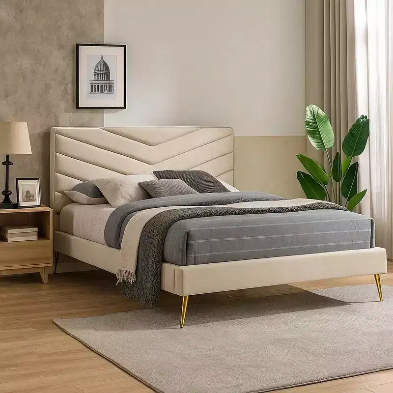 Royal Hampton Twin Size Bed, Chevron Tufted Beige Flannelette Upholstery
