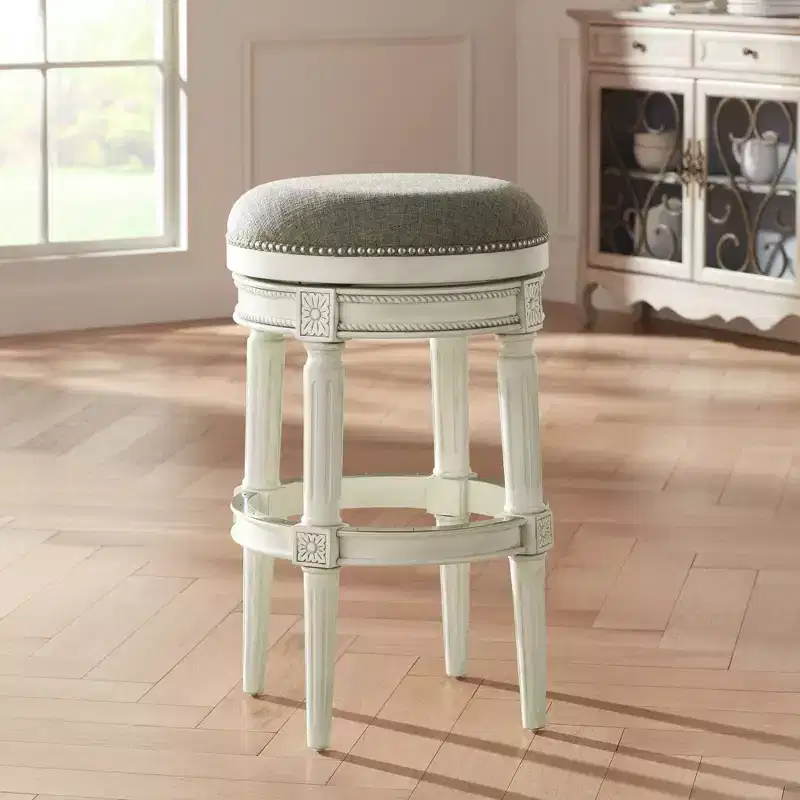 Wood Swivel Bar Stool Distressed White 30 1/2 High Traditional Gray Round Cushion with Footrest for Kitchen Counter Height