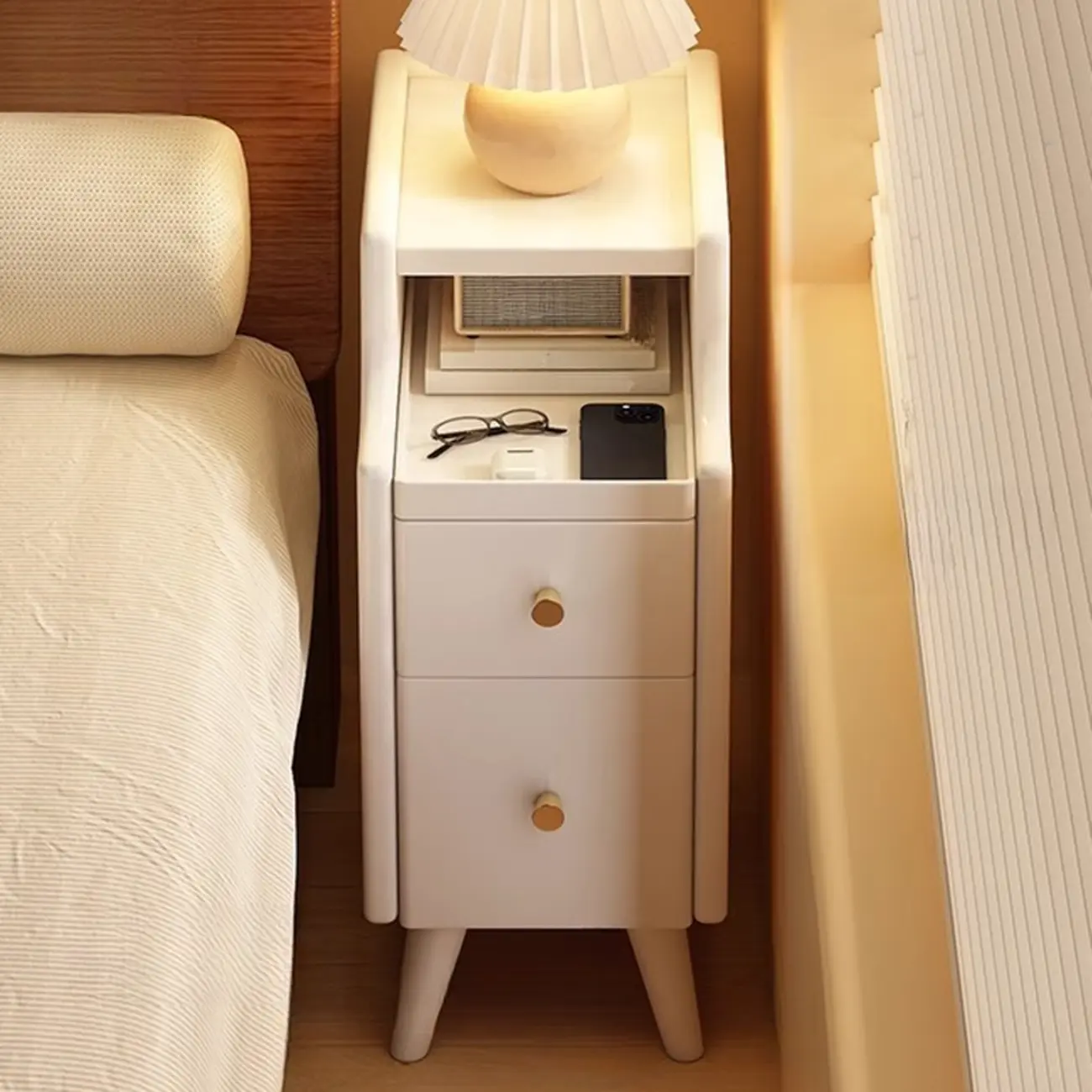 Narrow White Wood 2 Shelves Nightstand