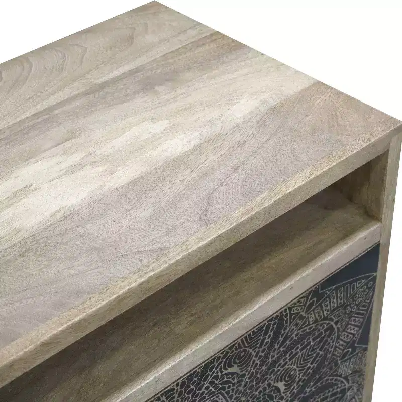 Bohemian Solid Mango Wood Accent Cabinet with Screen Printed Pattern, Natural Finish