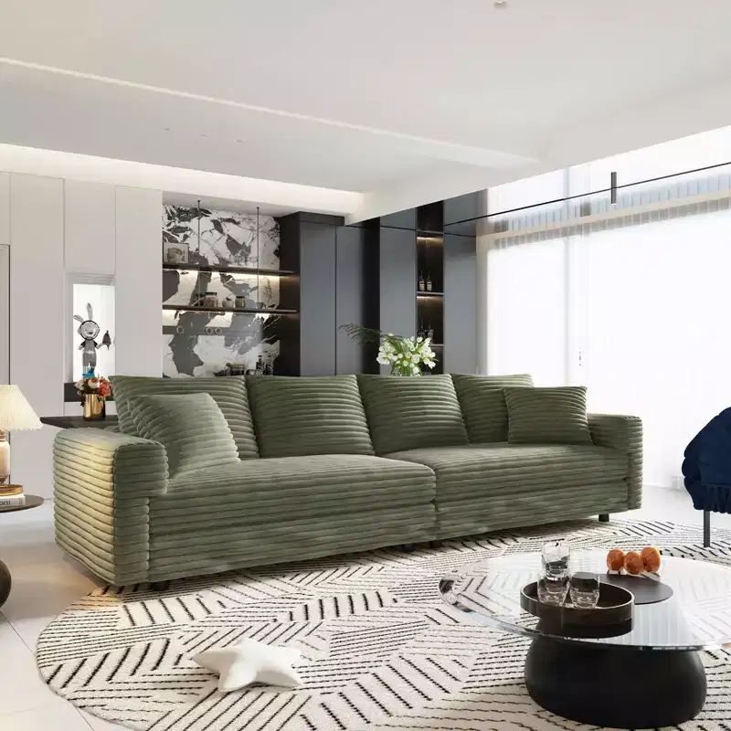MAYEERTY 102.4 Plush Corduroy 4 Seat Sofa with Soft Pillows 3 Ottoman, Convertible Deep Seat Sofa Lunge Chair Green
