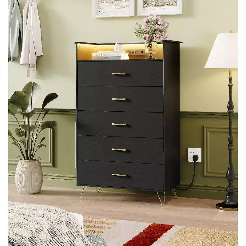 COZONY 5-Drawer Smart Dresser with RGB LED & Charging, App-Controlled Storage Chest for Bedroom & Living Room