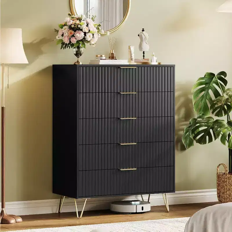 32 Inch Wide Fluted 5-Drawer Dresser, Black Finish with Metal Handles, Multi-Functional Storage Organizer for Bedroom Living Room Hallway