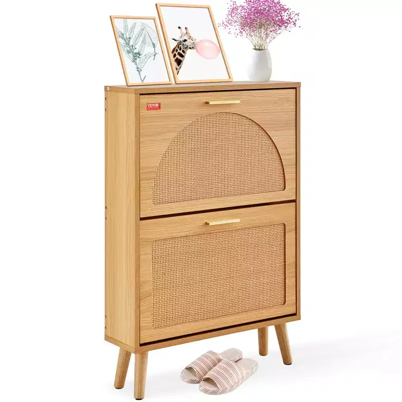 Shoe Cabinet with 2 Flip Drawers, Shoe Storage Cabinet for Entryway, Free Standing Shoe Storage Organizer with Rattan Doors, Brown