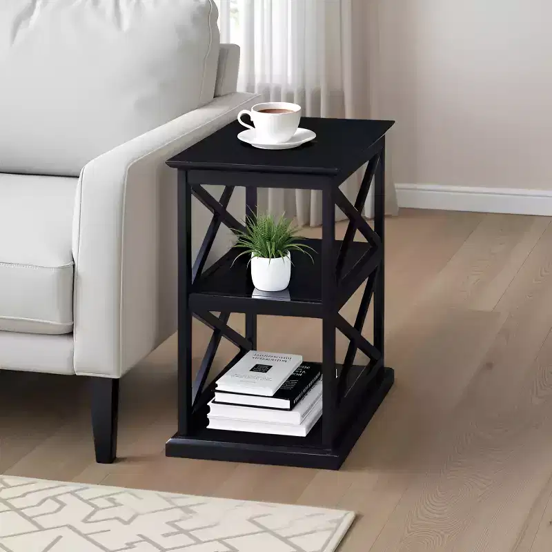 HomeStock Belmont Chairside End Table with Shelves Stylish Double X Frame Three-Tier Storage Accent Table for Transitional Home Dcor