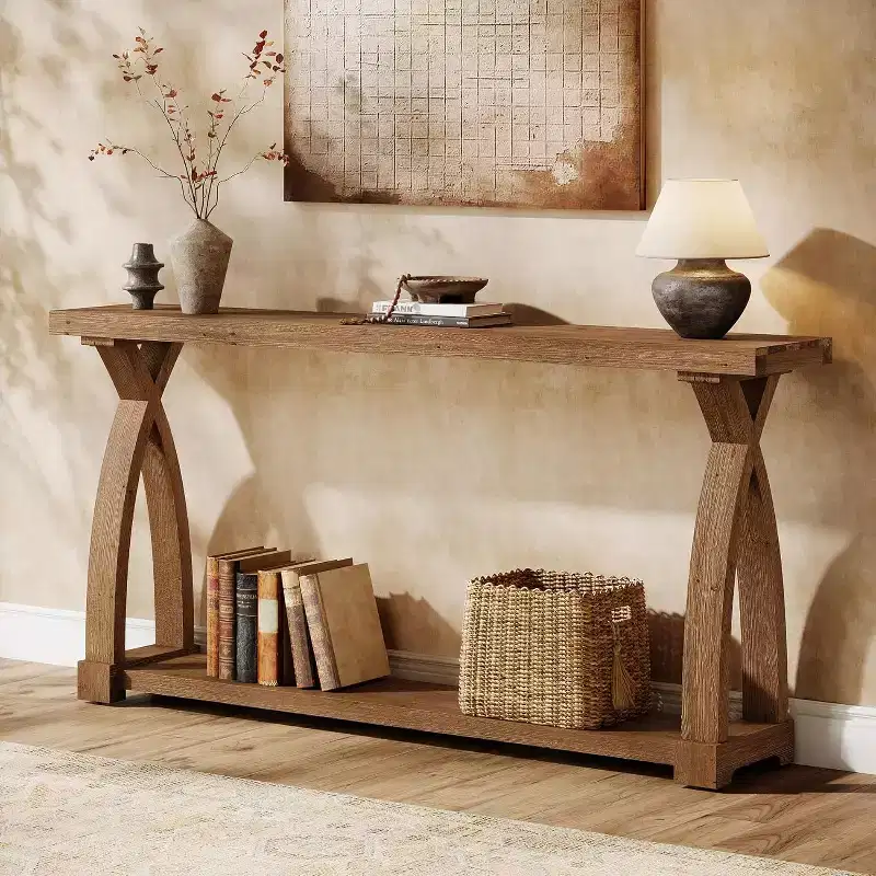 Lantine 63-Inch Solid Wood Console Table, Narrow Long Sofa Table with 2-Tier Shelf for Entryway, Living Room, Hallway, Coffee Brown