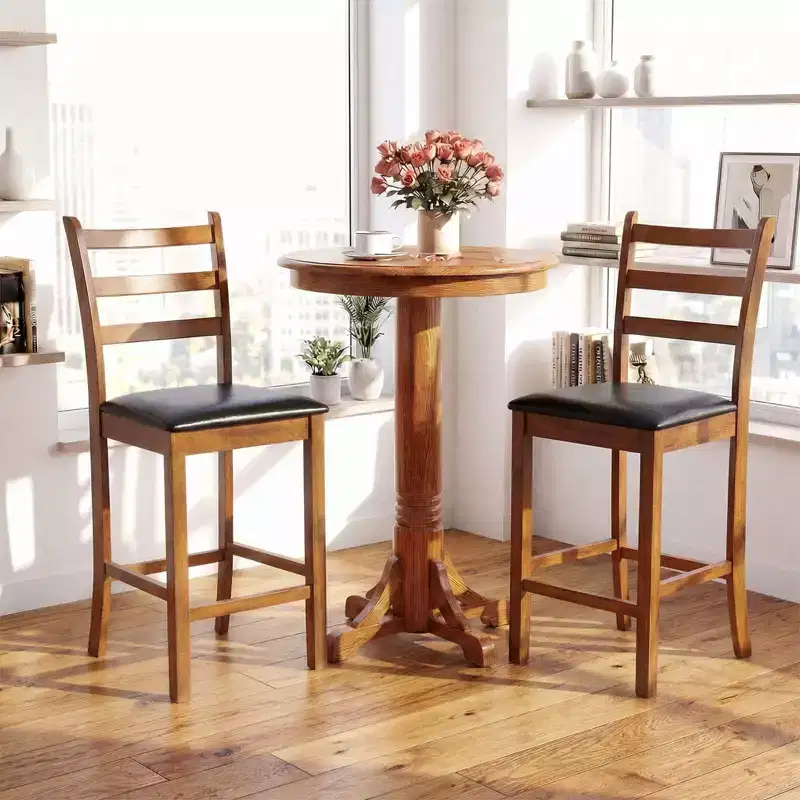 Costway 24 Rubber Wood Ladder Back Bar Stools Set of 2/4 with Upholstered Cushioned Seats Walnut and Black