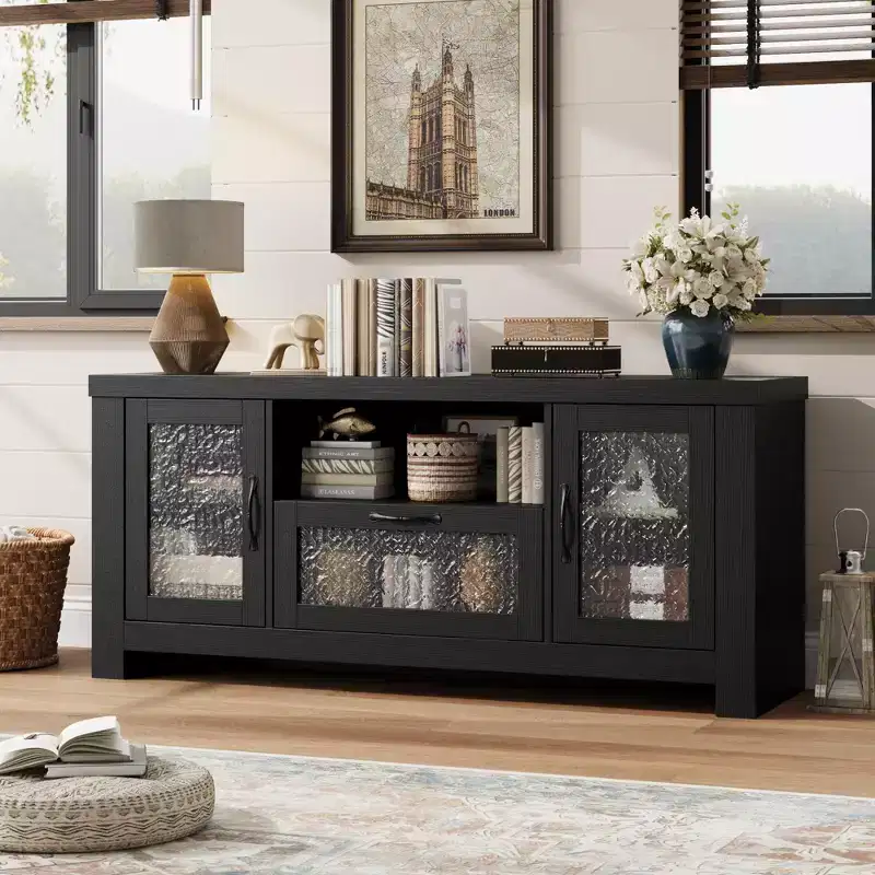 COZONY 55 Farmhouse Sideboard Buffet Cabinet with Acrylic Doors, Brown Coffee Bar Cabinet with Adjustable Shelves and Storage