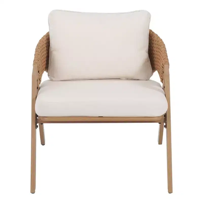 Christopher Knight Home Kaia Patio Modern Metal & Rattan Upholstered Accent Chairs with Faux Wood Finish (Set of 2)