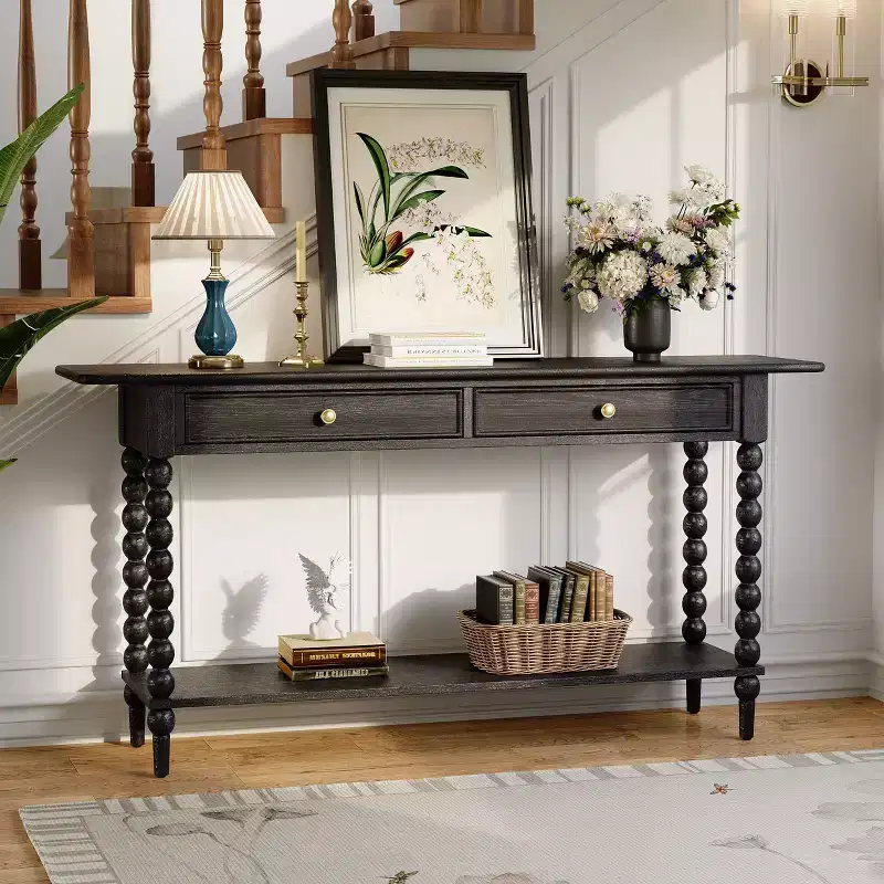 Retro Wood Console Table with 2 Drawers & Open Shelf, Entryway Accent Table for Living Room