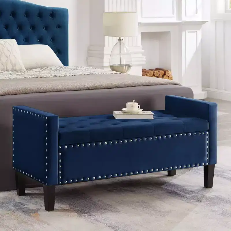 Upholstered Tufted Button Storage Bench with Nails Trim,Entryway Living Room Soft Padded Seat with Armrest, Navy