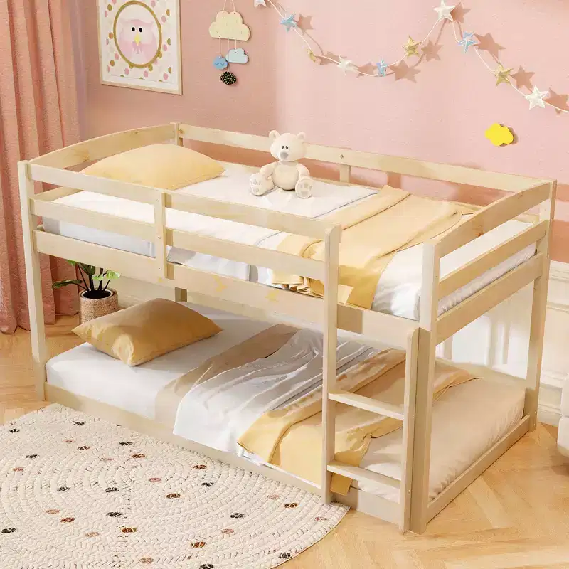Costway Twin over Twin Low Bunk Bed with Guardrails Integrated Ladder Kids Wooden Grey/White/Beige/Pink