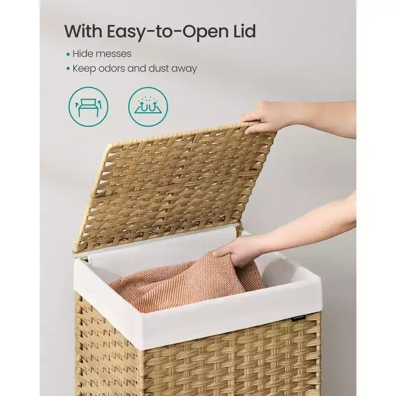 Rolling Laundry Hamper with Wheels, 2-Compartment Synthetic Rattan Basket with Removable Liner