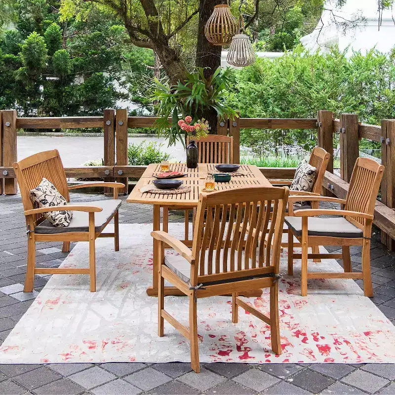 Sonoma Lane Amherst 6pc Teak Outdoor Dining Set with Beige Cushions – Weather-Resistant, 2. Umbrella Hole