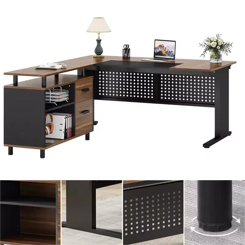 MAYEERTY Computer Desk L Shaped 55x63in Executive Desk and Mobile File Cabinet