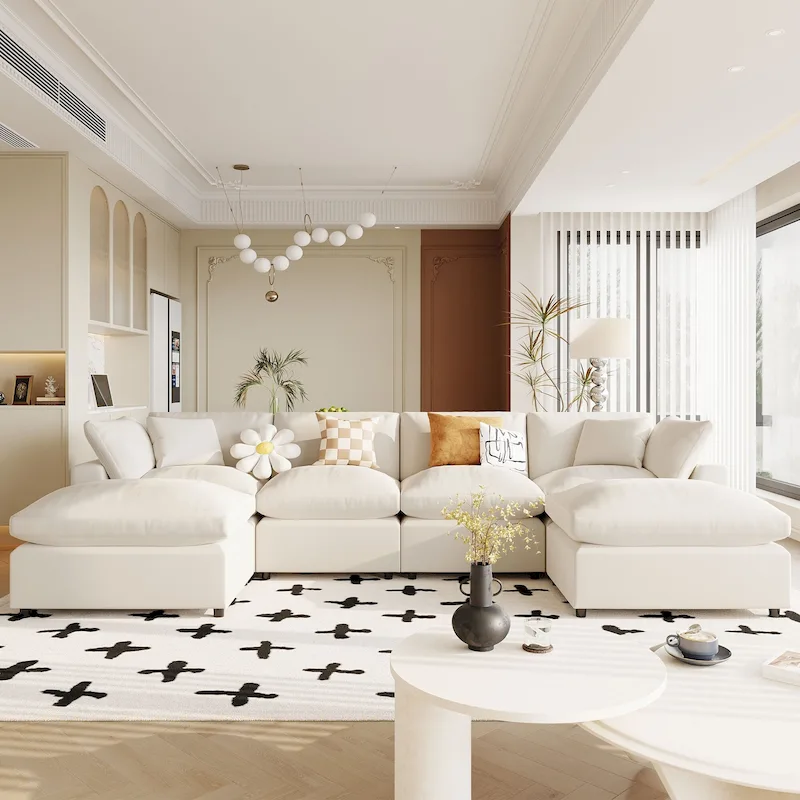134.40 Modern U-Shaped 6 Seater Sectional Sofa with 2 Large Chaises, Removable Ottomans and Soft Cushions