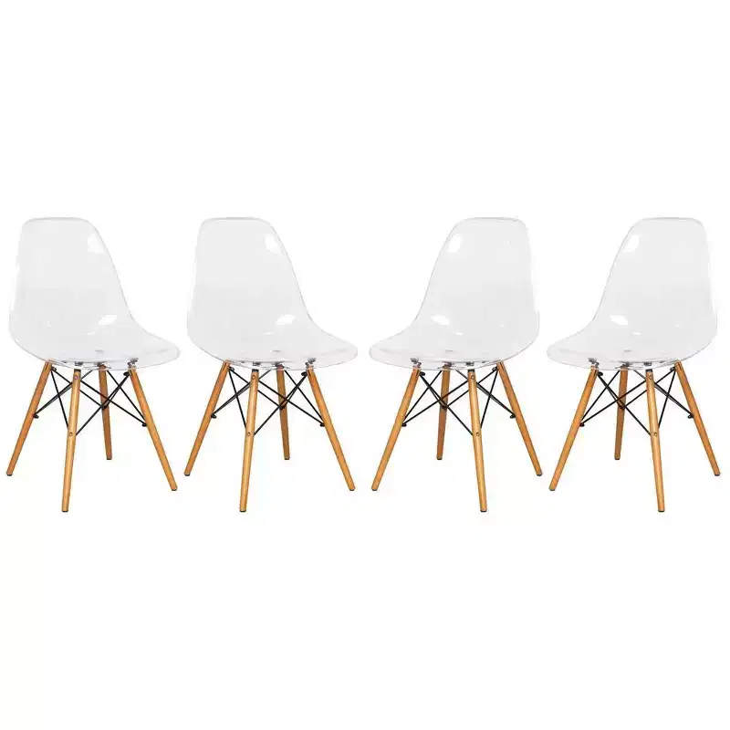 LeisureMod Cresco (Set of 4) Mid-Century Modern Acrylic Dining Chairs with Wooden Dowel Eiffel Legs  Kitchen & Dining Room Chairs