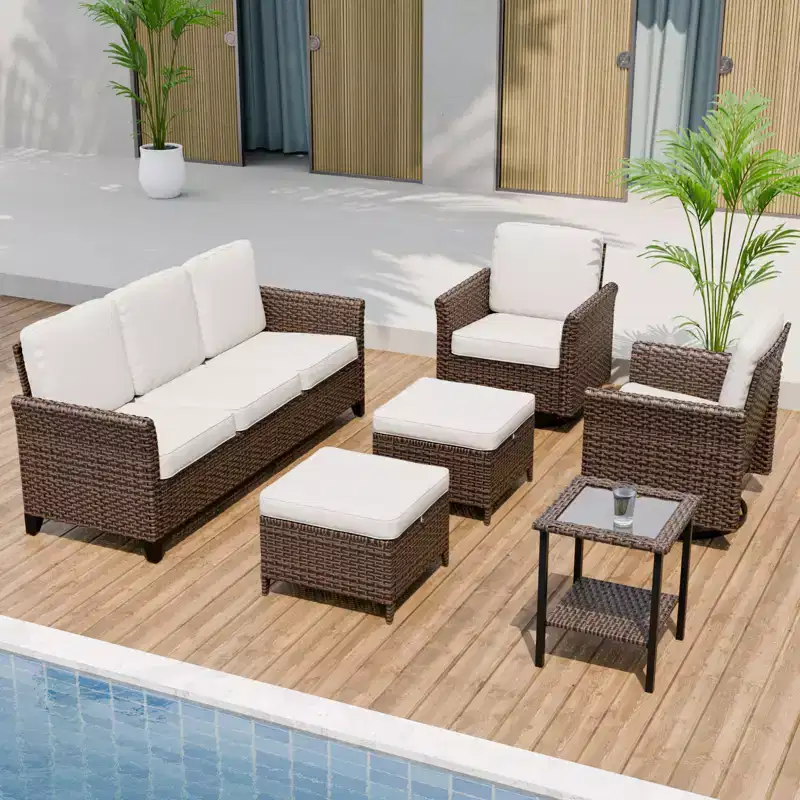 EAGLE PEAK Ocean Vista 6 piece Patio Variated Brown Wicker Sofa Set Swivel Chairs, 3-Seat Sofa