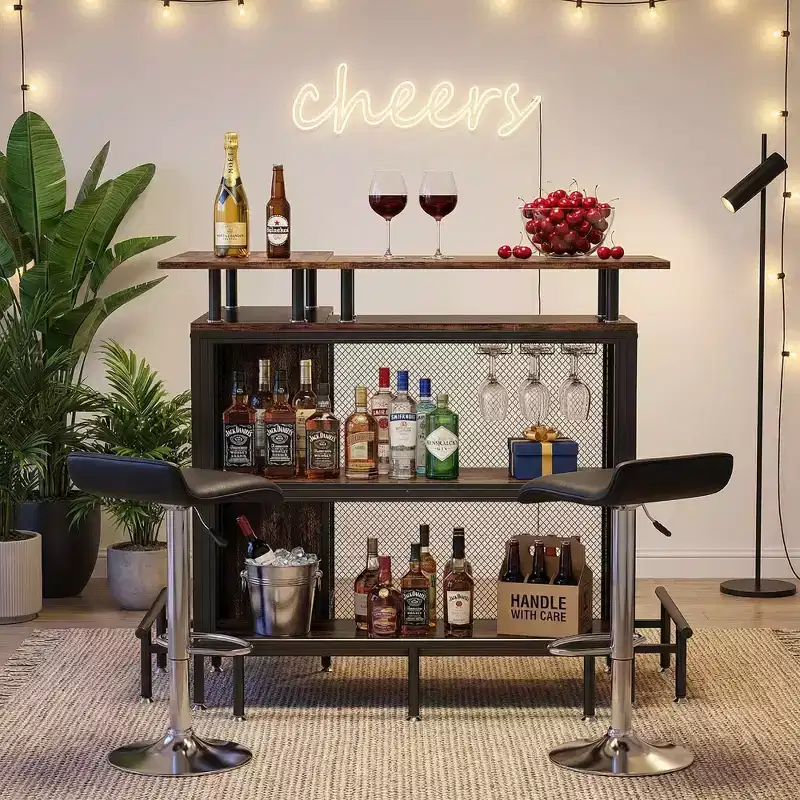 MAYEERTY L-Shape Corner Home Bar Cabinet, Metal & E1 MDF Liquor Storage with 12 Wine Glass Racks & Footrest, Metal Mesh Bottle Guard