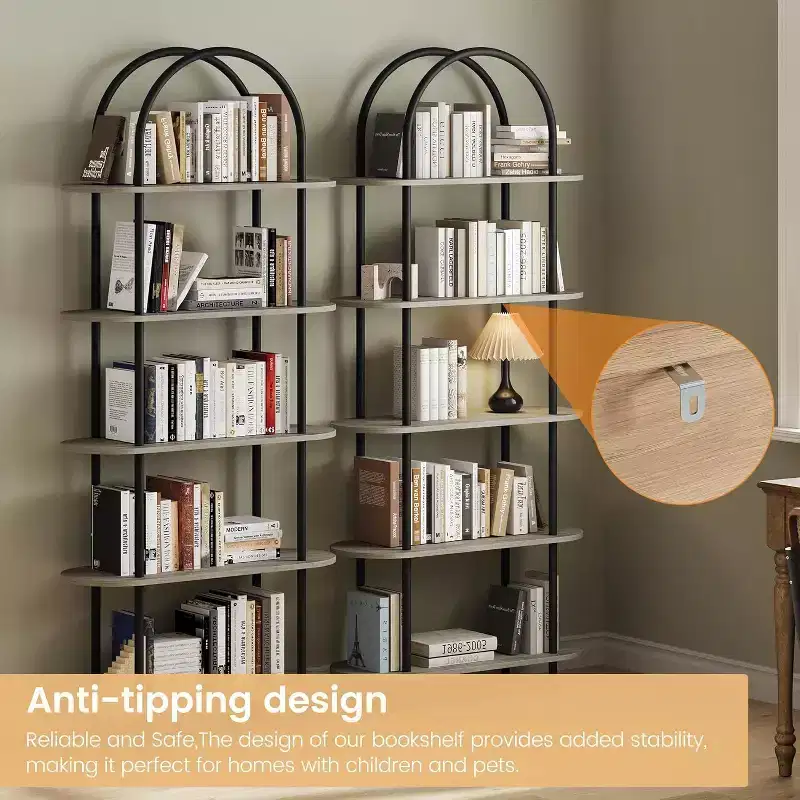 Acekool 5-Tier Arched Bookshelf Set of 2, Metal Frame, Open Storage Display, Anti-Tip, Graphite Gray