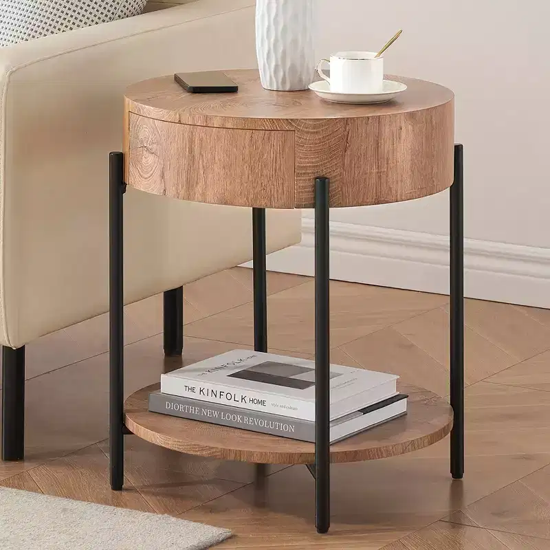 19.69 Coffee Table with Drawer Circle End Tables Wooden Bedside Table Metal Frame for Living Room, Bedroom and Small Spaces