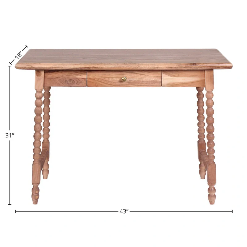 Mid-Century 1-Drawer Acacia Writing Desk – Beaded Legs, Light Brown, 43