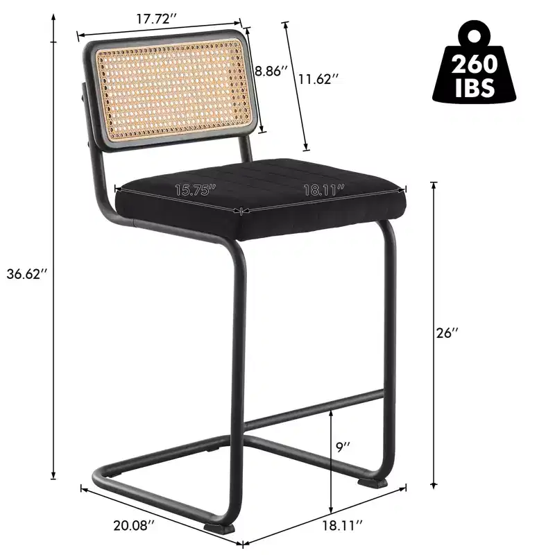 Bekrvio 26 Counter Height Bar Stools - Rattan, Velvet Upholstered with Cane Back & Metal Frame, Mid Century Modern Kitchen Stools for Counter Island